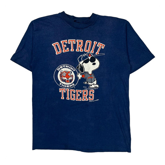 80s Snoopy Detroit Tigers Artex Single Stitch T-Shirt - Large Blue Cotton