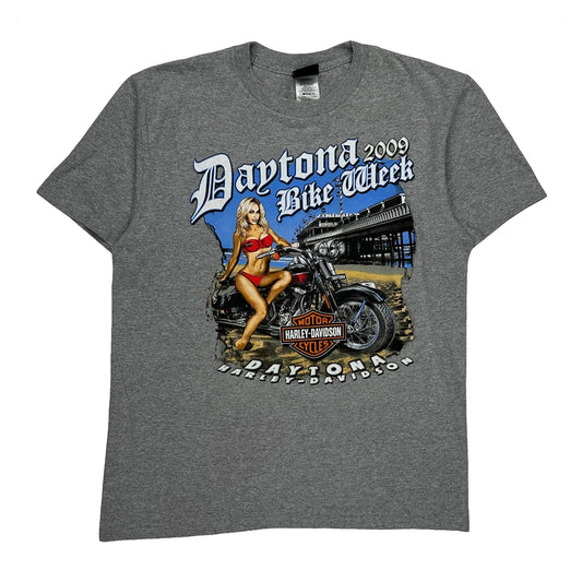 Vintage Daytona Bike Week 2009 Harley Davidson Graphic T-Shirt - Large Grey Cotton