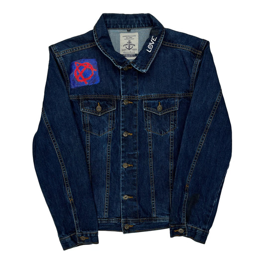 Vintage Anarchy Symbol Stone Harbour Graphic Denim Jacket - Medium Blue Denim