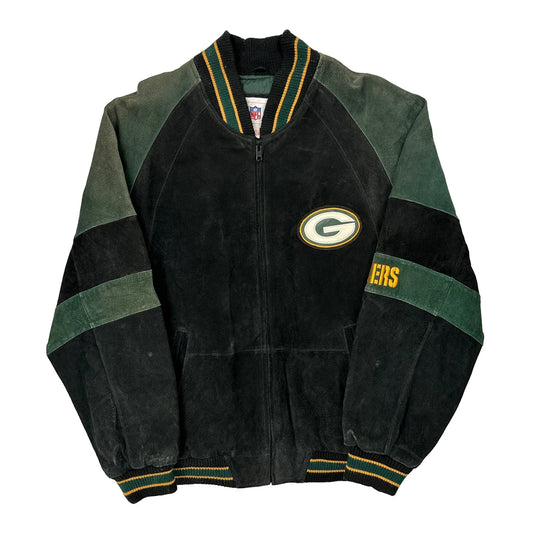 Vintage Green Bay Packers Nfl Football Bomber Jacket - Large Black Suede