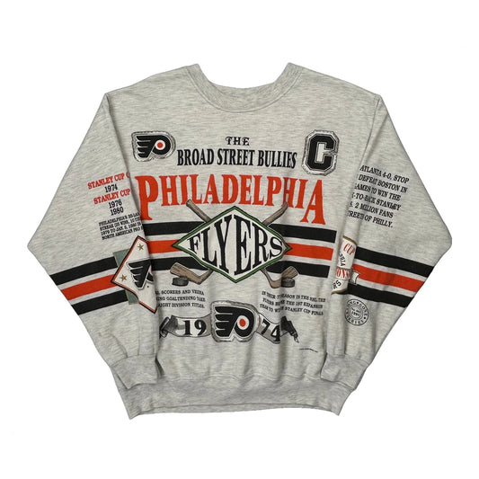 Vintage 90S Made In USA Long Gone Philadelphia Flyers Aop Sweatshirt - XL Grey Cotton