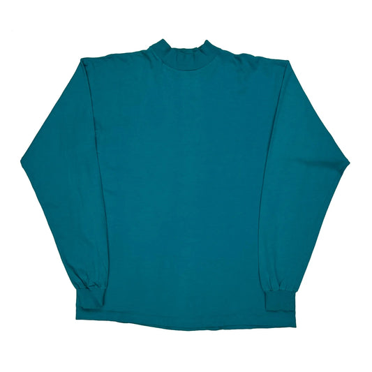 90S Blank Fruit Of The Loom Roll Neck Long Sleeve T-Shirt - XL Blue Cotton