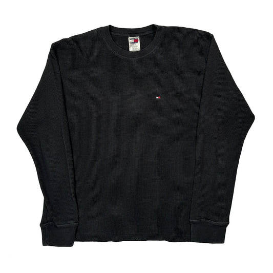 Vintage Waffle Knit Tommy Hilfiger Long Sleeve T-Shirt - XL Black Cotton Blend