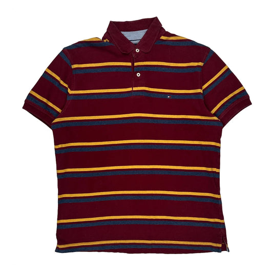 Tommy Hilfiger Striped Polo Shirt - Large Burgundy Cotton