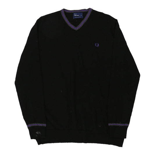 Vintage Fred Perry V-neck Jumper - XL Black Merino Wool