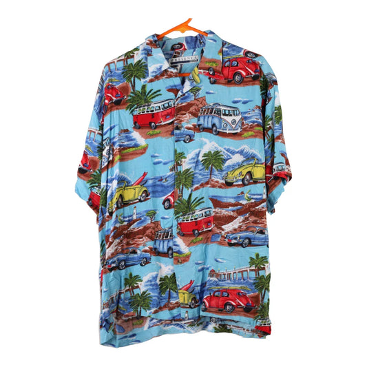 Vintage Presence Graphic Hawaiian Shirt - XL Blue Viscose Blend