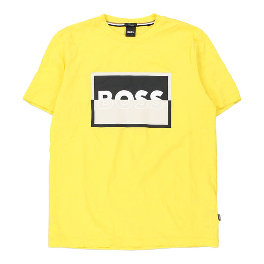 Vintage Slim Fit Boss Spellout T-Shirt - Large Yellow Cotton