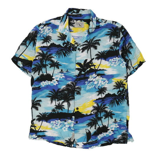 Vintage Grand & Hills Graphic Hawaiian Shirt - Small Blue Viscose Blend