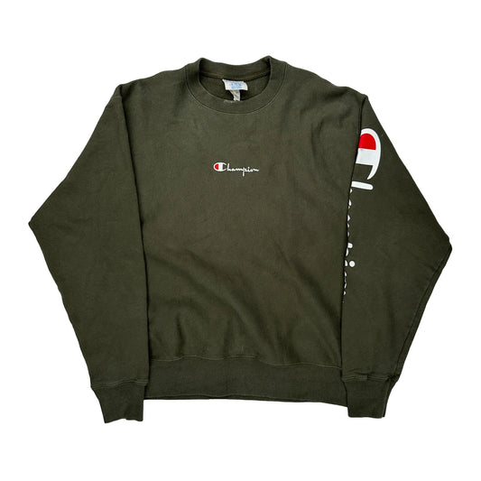Vintage Reverse Weave Champion Spellout Sweatshirt - Large Green Cotton